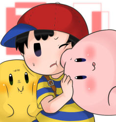 Rule 34 | 3boys, black hair, blush, crossover, kirby, kirby (series), male focus, mother (game), multiple boys, ness (mother 2), nintendo, short hair, smile, super smash bros., wink