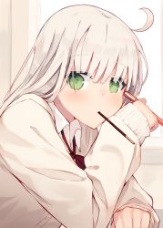Rule 34 | 1girl, bow, bowtie, cardigan, desk, food, food in mouth, green eyes, highres, holding, holding pencil, indoors, long sleeves, looking at viewer, loose neckwear, mouth hold, nagishiro mito, original, pencil, platinum blonde hair, pocky, red bow, red bowtie, red ribbon, ribbon, sitting, solo, upper body
