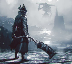 Rule 34 | 2boys, absurdres, bloodborne, boots, castle, commentary, company connection, crossover, dark souls (series), dark souls iii, dual wielding, english commentary, fog, from behind, from software, full body, giant, gun, hat, high collar, highres, holding, huge weapon, hunter (bloodborne), kalmahul, long coat, male focus, mask, monochrome, mouth mask, multiple boys, photoshop (medium), saw, saw cleaver, scenery, size difference, solo focus, standing, sword, tricorne, vambraces, weapon, yhorm the giant