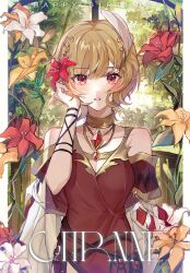 Rule 34 | 1girl, blonde hair, choker, citrinne (fire emblem), dress, feather hair ornament, feathers, fire emblem, fire emblem engage, flower, gem, gold choker, gold trim, hair flower, hair ornament, highres, jewelry, looking at viewer, manymanylilies, necklace, nintendo, red eyes, shawl, short hair, solo