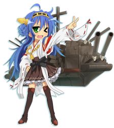 Rule 34 | &gt;;d, 1girl, ;3, ;d, ahoge, bare shoulders, blue hair, boots, cosplay, detached sleeves, double bun, green eyes, hair ornament, hairband, izumi konata, japanese clothes, kantai collection, kongou (kancolle) (cosplay), kongou (kancolle), long hair, lucky star, mole, mole under eye, nontraditional miko, one eye closed, open mouth, personification, ribbon-trimmed sleeves, ribbon trim, smile, solo, thigh boots, thighhighs, tyke, v, v-shaped eyebrows, white background