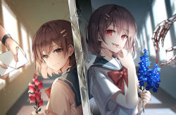 Rule 34 | 1other, 2girls, a maru, artist name, bad id, bad pixiv id, bleeding, blood, blue flower, blurry, blurry background, blush, bow, brown hair, brown shirt, closed mouth, collarbone, commentary, depth of field, dual persona, ear piercing, envelope, fangs, finger to mouth, flower, grey shirt, hair ornament, hairclip, highres, holding, holding flower, indoors, looking at viewer, multiple girls, open mouth, original, piercing, red bow, red eyes, red flower, red neckwear, sailor collar, school uniform, serafuku, shirt, short hair, short sleeves, skeletal hand, smile, split theme, upper body, watch, wristwatch