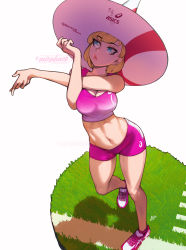 Rule 34 | 1girl, aurahack, bike shorts, blonde hair, blue eyes, breasts, cleavage, commentary, english commentary, eyeliner, eyeshadow, from above, full body, grass, hat, highres, large breasts, lips, makeup, midriff, navel, original, pink footwear, pink shorts, pink sports bra, pink theme, shoes, short hair, shorts, sneakers, solo, sports bra, stretching, symbol-shaped pupils, toned, twitter username, witch hat
