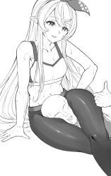 Rule 34 | 1boy, 1girl, bald, between thighs, collarbone, commentary, crossed legs, english commentary, flat chest, greyscale, hair behind ear, hair ribbon, hand on own hip, highres, leaning forward, leggings, looking down, midriff, monochrome, navel, nijisanji, nijisanji en, parted lips, pointy ears, pomu rainpuff, ribbon, sitting, smile, sports bra, sweat, nervous sweating, thumbs up, virtual youtuber, zikade