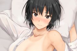 Rule 34 | 1girl, amagami, arm behind head, armpits, black hair, blush, brown eyes, looking at another, lying, mobu, nanasaki ai, no bra, nose blush, off shoulder, on back, open clothes, out-of-frame censoring, pillow, pov, shirt, short hair, solo, sweat, tan, tanline, upper body, white shirt