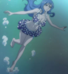 Rule 34 | 1girl, bare shoulders, bikini, blue hair, breasts, fairy tail, feet, freediving, highres, juvia lockser, large breasts, long hair, navel, screencap, stitched, swimming, swimsuit, third-party edit, underwater