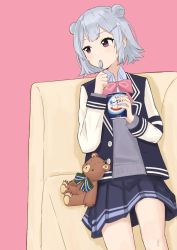 Rule 34 | 1girl, absurdres, blazer, blue jacket, blue skirt, bow, bowtie, cevio, character doll, commentary, couch, cowboy shot, cup, double bun, eating, grey hair, grey sweater, hair bun, hair ornament, hairclip, highres, holding, holding cup, holding spoon, horns, jacket, koharu rikka, lakiston, looking to the side, lying, minatsuki (m1natsuk1), miniskirt, on back, pink background, pleated skirt, purple eyes, school uniform, short hair, sitting, skirt, solo, spoon, striped bow, striped bowtie, striped clothes, striped neckwear, stuffed animal, stuffed toy, sweater, synthesizer v, teddy bear, utensil in mouth, yogurt