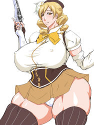 Rule 34 | 10s, 1girl, blonde hair, breasts, curvy, drill hair, covered erect nipples, hat, huge breasts, long hair, mahou shoujo madoka magica, plump, setta777, smile, solo, standing, thick thighs, thighs, tomoe mami, twin drills, wide hips, yellow eyes