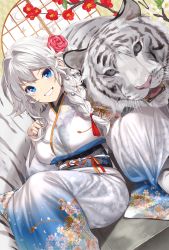 Rule 34 | 1girl, animal, blue eyes, blue kimono, braid, branch, breasts, commentary request, dutch angle, floral print, flower, furisode, gradient kimono, grey eyes, grin, hair flower, hair intakes, hair ornament, hair over shoulder, highres, japanese clothes, kimono, long hair, long sleeves, looking at viewer, medium breasts, obi, original, print kimono, red flower, red rose, rose, round window, sash, single braid, smile, solo, tiger, v-shaped eyebrows, white hair, white kimono, wide sleeves, window, yappen