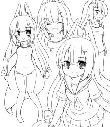 Rule 34 | 1girl, :&gt;, :d, ^ ^, animal ear fluff, animal ears, bare arms, bare shoulders, blush, bow, breasts, closed eyes, closed mouth, collarbone, covered navel, closed eyes, fox ears, fox girl, fox tail, greyscale, grin, hair bow, hair ornament, hairclip, kanijiru, long hair, low-tied long hair, medium breasts, monochrome, multiple views, one-piece swimsuit, open mouth, original, pleated skirt, sailor collar, school uniform, serafuku, shirt, short sleeves, simple background, skirt, smile, swim cap, unworn swim cap, swimsuit, tail, very long hair, white background