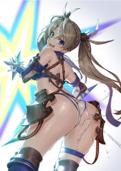 Rule 34 | 1girl, armor, ass, back, bare shoulders, bikini, blue bikini, blue eyes, blush, boots, bradamante (fate), bradamante (third ascension) (fate), braid, breasts, brown hair, commentary request, elbow gloves, fate/grand order, fate (series), faulds, french braid, gloves, hair between eyes, hair ornament, hip focus, knee boots, large breasts, long hair, looking at viewer, looking back, open mouth, pyz (cath x tech), solo, squirting liquid, standing, swimsuit, thigh strap, thighs, twintails, very long hair, weapon, white bikini