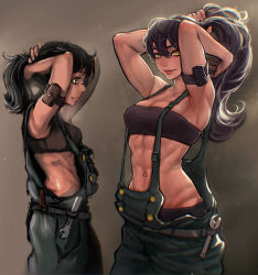 Rule 34 | 1girl, abs, absurdres, armpits, ayaki blade, black hair, breasts, comparison, highres, long hair, looking at viewer, medium breasts, midriff, muscular, muscular female, navel, original, overalls, ponytail, smile, wrench, yellow eyes