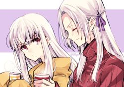 Rule 34 | 2girls, alternate costume, bad id, bad twitter id, closed mouth, cup, edelgard von hresvelg, closed eyes, fire emblem, fire emblem: three houses, from side, hair ribbon, holding, holding cup, long hair, long sleeves, looking to the side, lysithea von ordelia, multiple girls, naho (pi988y), nintendo, pink eyes, ribbon, simple background, twitter username, upper body, white hair