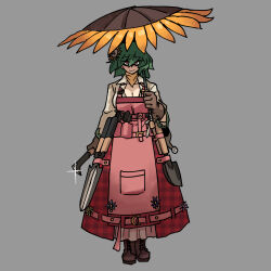 Rule 34 | 1girl, adapted costume, apron, bandana, breasts, brown gloves, cleavage, closed mouth, collared shirt, commentary, english commentary, flower, gloves, green hair, hair flower, hair ornament, highres, holding, holding umbrella, kaibootsu, kazami yuuka, large breasts, long sleeves, looking at viewer, parasol, pink apron, plaid, plaid skirt, red eyes, red skirt, shirt, short hair, shovel, skirt, smile, solo, standing, sunflower, touhou, umbrella, white shirt, yellow bandana