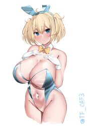 Rule 34 | 1girl, bare shoulders, blonde hair, blue eyes, blush, bow, bowtie, breasts, closed mouth, commentary request, detached collar, gambier bay (kancolle), gloves, hair between eyes, hairband, highleg, highres, kantai collection, large breasts, leotard, long hair, meme attire, navel, see-through, see-through leotard, simple background, solo, strapless, strapless leotard, tf cafe, translucent bunnysuit, twintails, white background, white gloves, yellow bow, yellow bowtie