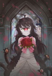 Rule 34 | 1girl, absurdres, ahoge, artist check, artist request, bare shoulders, black hair, bouquet, check artist, colored sclera, colored skin, cyclops, daikazoku63, dress, extra eyes, flower, gazer (monster girl encyclopedia), grey skin, highres, holding, holding bouquet, imageboard desourced, long hair, looking at viewer, monster girl, monster girl encyclopedia, non-web source, one-eyed, petals, red eyes, red flower, red rose, rose, rose petals, smile, solo, source request, stained glass, tail, tentacles, wedding dress, white dress, yellow sclera