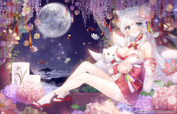 Rule 34 | 1girl, animal ears, apple caramel, bare legs, beach, bell, blue hair, blunt bangs, bow, bowtie, breasts, cherry blossoms, commentary request, detached collar, detached sleeves, fox ears, fox girl, fox tail, full moon, gohei, hair ornament, highres, horizon, japanese clothes, kitsune, kyuubi, large breasts, long hair, looking at viewer, moon, multiple tails, night, night sky, ocean, original, pleated skirt, ribbon-trimmed sleeves, ribbon trim, sandals, sidelocks, sitting, skirt, sky, solo, star (sky), starry sky, tail, white hair, wide sleeves, wooden floor