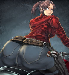 Rule 34 | 1girl, absurdres, ass, belt, blue eyes, blush, breasts, brown hair, claire redfield, denim, from behind, gun, highres, holster, huge ass, jacket, jeans, jin-jin, large breasts, long hair, looking at viewer, looking back, motor vehicle, motorcycle, open mouth, pants, ponytail, resident evil, resident evil 2, shiny clothes, sideboob, solo, thigh holster, weapon