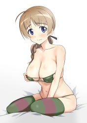 Rule 34 | 1girl, areola slip, bikini, blue eyes, braid, breasts, brown hair, cleavage, closed mouth, eyepatch bikini, green bikini, large breasts, long hair, looking at viewer, lynette bishop, minpei ichigo, multicolored clothes, multicolored legwear, navel, shiny skin, single braid, sitting, skindentation, solo, strike witches, striped clothes, striped thighhighs, swimsuit, thighhighs, world witches series