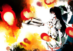 Rule 34 | 1girl, arm cannon, bad id, bad pixiv id, black hair, cowboy shot, dain, female focus, fire, firing, fire, from side, green skirt, long hair, ponytail, profile, puffy short sleeves, puffy sleeves, red eyes, reiuji utsuho, shaded face, short sleeves, skirt, solo, touhou, very long hair, weapon