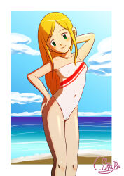 Rule 34 | absurdres, blonde hair, digimon, digimon frontier, green eyes, highres, long hair, one-piece swimsuit, orimoto izumi, swimsuit