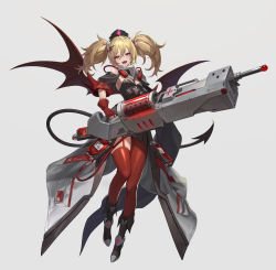 Rule 34 | 1girl, :d, absurdres, black dress, blonde hair, blood, blood bag, breasts, clothing request, commentary, demon tail, demon wings, detached sleeves, dkxlek, dress, full body, grey background, hair between eyes, hat, highres, holding, holding weapon, knees, legs, looking at viewer, open mouth, original, pink eyes, red legwear, sidelocks, simple background, small breasts, smile, solo, standing, tail, teeth, thighs, tongue, twintails, weapon, wings