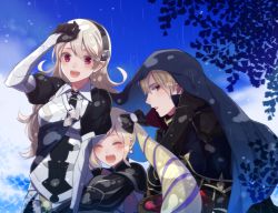 Rule 34 | 1boy, 2girls, armor, bad id, bad pixiv id, blonde hair, brother and sister, closed eyes, corrin (female) (fire emblem), corrin (fire emblem), elise (fire emblem), fire emblem, fire emblem fates, gradient background, hairband, leo (fire emblem), long hair, multiple girls, nintendo, red eyes, siblings, tomato, umiusi