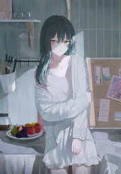 Rule 34 | 1girl, absurdres, cardigan, collarbone, cowboy shot, cup, drinking glass, food, fruit, green hair, hair over shoulder, highres, holding own arm, indoors, jar, jenmin12, kitchen, long hair, looking at viewer, messy hair, morning, nightgown, off shoulder, open cardigan, open clothes, original, plate, single off shoulder, sleepwear, white cardigan, white nightgown, window shadow, wine glass, yellow eyes