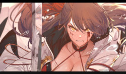 Rule 34 | 2girls, angry, azur lane, belt, black belt, black neckwear, blood, blood on face, breasts, brown hair, cleavage, clenched teeth, coat, commentary, cuts, dishwasher1910, english commentary, enterprise (azur lane), eyeliner, hat, holding, holding sword, holding weapon, injury, japanese clothes, large breasts, letterboxed, long hair, looking at viewer, makeup, military hat, multiple girls, peaked cap, ponytail, reflection, shirt, silver hair, sleeveless, sleeveless shirt, smile, solo focus, sword, tears, teeth, underbust, watermark, weapon, web address, white coat, white headwear, yellow eyes, zuikaku (azur lane)
