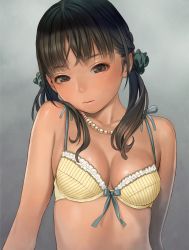 Rule 34 | 1girl, bare shoulders, black eyes, black hair, bow, bow bra, bra, breasts, brown eyes, brown hair, cleavage, futuregraph, head tilt, highres, jewelry, long hair, looking at viewer, murata range, necklace, pearl necklace, skindentation, small breasts, solo, striped bra, striped clothes, twintails, underwear, upper body, vertical-striped bra, vertical-striped clothes, yellow bra
