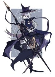 Rule 34 | 1girl, arknights, ascot, black footwear, blue gloves, blue hat, boots, cape, cinmocrd, commentary, full body, gladiia (arknights), gloves, grey hair, hat, highres, holding, holding polearm, holding weapon, long hair, looking to the side, pointy ears, polearm, ponytail, red eyes, solo, thigh boots, weapon