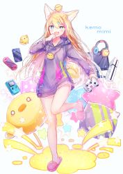 Rule 34 | 1girl, :d, absurdres, animal, animal ears, animal on head, bad id, bad pixiv id, bare legs, bird, bird on head, blonde hair, blue eyes, chick, chick on head, commentary request, controller, dog ears, dog tail, earphones, fang, full body, game boy, game boy (original), game console, game controller, gamepad, handheld game console, heart, heart-shaped pillow, highres, hood, hood down, hoodie, long hair, long sleeves, monitor, naked hoodie, on head, open mouth, original, pillow, purple hoodie, rucaco, slippers, smile, standing, star-shaped pillow, tail, v-shaped eyebrows