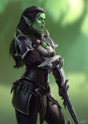 Rule 34 | absurdres, armor, artist name, black gloves, black hair, black leather, collar, dark green background, draka (warcraft), fantasy, female orc, gem, gloves, green background, green gemstone, hair slicked back, highres, holding, holding sword, holding weapon, kylepunkart (kylekayhos), leather belt, leather vest, lips, long sleeves, nose, orc, parted lips, pinup (style), pointy ears, rogue, scarf, silver trim, simple background, spiked gauntlets, spiked pauldrons, sword, three quarter view, warcraft, weapon, world of warcraft