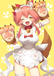 Rule 34 | 1girl, animal ears, animal hands, apron, bell, blush, breasts, cleavage, collar, fangs, fate/grand order, fate (series), fox ears, fox tail, hair ribbon, highres, large breasts, long hair, looking at viewer, naked apron, neck bell, no panties, one eye closed, pink hair, ribbon, sh (shinh), solo, tail, tamamo (fate), tamamo cat (fate), tamamo cat (third ascension) (fate), tamamo no mae (fate/extra), thighs, yellow eyes