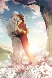 Rule 34 | 2boys, absurdres, blue sky, brown footwear, brown hair, brown kimono, closed eyes, cloud, commentary request, day, flower, gintama, grey hair, half-closed eye, hand in another&#039;s hair, highres, holding another&#039;s wrist, japanese clothes, kimono, long sleeves, male focus, multiple boys, outdoors, parted lips, petals, red eyes, riz3, sakata gintoki, sandals, sky, takasugi shinsuke, tree, white flower, white kimono, wide sleeves, yaoi, zouri