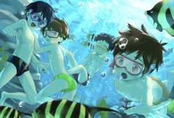 Rule 34 | 4boys, :d, :i, :o, ass, bad id, bad pixiv id, barefoot, black hair, black male swimwear, black one-piece swimsuit, brown hair, bubble, bulge, child, closed eyes, coral, diving, diving mask, drawstring, dutch angle, fish, freediving, goggles, green male swimwear, green one-piece swimsuit, male focus, male swimwear, multiple boys, navel, nipples, o o, one-piece swimsuit, open mouth, orange male swimwear, orange one-piece swimsuit, original, pout, red male swimwear, red one-piece swimsuit, red swim trunks, smile, snorkel, submerged, swim briefs, swim trunks, swimming, swimsuit, topless male, underwater, water, yuki (vicious)