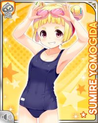 Rule 34 | 1girl, blonde hair, card (medium), character name, closed mouth, competition swimsuit, covered navel, double bun, girlfriend (kari), goggles, looking at viewer, one-piece swimsuit, purple eyes, qp:flapper, smile, solo, swimsuit, yellow background, yomogida sumire