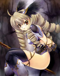 Rule 34 | armor, blonde hair, brown eyes, headgear, lance, leotard, long hair, looking at viewer, polearm, shoulder pads, smile, solo, thighhighs, uchiu kazuma, valkyrie profile (series), weapon, winged hat