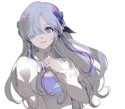 Rule 34 | 1girl, commentary request, fresa pie, grey hair, hair over one eye, hand on own chest, highres, isekai joucho, kamitsubaki studio, long hair, long sleeves, one eye covered, parted lips, purple eyes, purple ribbon, ribbon, shirt, simple background, solo, upper body, white background, white shirt