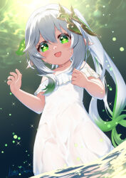 Rule 34 | 1girl, :d, alternate costume, bare shoulders, collarbone, commentary request, detached sleeves, dress, genshin impact, gradient hair, green eyes, hair between eyes, hair ornament, halo, highres, in water, kana ami, leaf hair ornament, long hair, looking at viewer, multicolored hair, nahida (genshin impact), open mouth, pointy ears, see-through, see-through dress, short sleeves, side ponytail, sidelocks, smile, solo, streaked hair, symbol-shaped pupils, two-tone hair, wet, wet clothes, wet dress, white dress, white hair