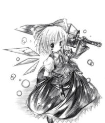 Rule 34 | 1girl, advent cirno, bow, cirno, female focus, greyscale, monochrome, simple background, solo, touhou, white background