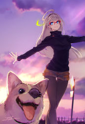 Rule 34 | 1girl, black hairband, black sweater, blue eyes, brown hair, brown pantyhose, brown shorts, chromatic aberration, cloud, cloudy sky, day, dog, floating hair, from below, fuyuno yuuki, glasses, hairband, highres, long hair, looking at viewer, original, outdoors, outstretched arms, pantyhose, red-framed eyewear, short shorts, shorts, signature, sky, smile, standing, sweater, very long hair, welsh corgi