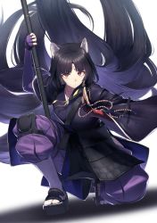 Rule 34 | 1girl, animal ears, arknights, armor, beads, black hair, black kimono, commentary request, dog ears, facial mark, fingerless gloves, forehead mark, gloves, highres, holding, holding weapon, itaco, japanese clothes, kimono, knee pads, long hair, looking at viewer, naginata, on one knee, pants, polearm, prayer beads, purple gloves, purple pants, red eyes, saga (arknights), simple background, solo, very long hair, weapon, white background