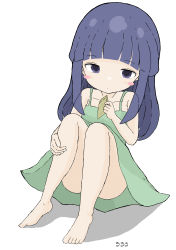 Rule 34 | 1girl, absurdres, artist name, bare arms, bare shoulders, barefoot, blunt bangs, blush stickers, closed mouth, commentary request, dress, full body, furude rika, green dress, highres, higurashi no naku koro ni, holding, knees up, long hair, looking at viewer, purple eyes, purple hair, rururu (pyrk8855), shadow, signature, sleeveless, sleeveless dress, solo, sundress, white background