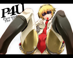 Rule 34 | aegis (persona), android, atlus, blindfold, blonde hair, hairband, mouth hold, necktie, persona, persona 3, persona 4: the ultimate in mayonaka arena, segami daisuke, short hair, solo, spread legs, thighhighs, thighhighs pull