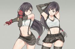 Rule 34 | 1girl, armpits, arms behind head, bare shoulders, bike shorts, black gloves, black hair, black skirt, black tank top, breasts, brown eyes, closed mouth, commentary request, comparison, earrings, elbow gloves, eye contact, final fantasy, final fantasy vii, final fantasy vii remake, fingerless gloves, gloves, highres, jewelry, komi shin&#039;ya, large breasts, long hair, looking at another, low-tied long hair, low tied hair, midriff, miniskirt, navel, red gloves, shirt, shorts, shorts under skirt, skirt, smile, smirk, stretching, suspender skirt, suspenders, tank top, taut clothes, taut shirt, thighhighs, thighs, tifa lockhart, white tank top, zettai ryouiki