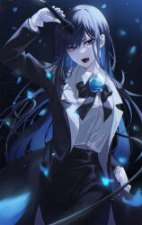 Rule 34 | 1girl, ado (utaite), arm up, black bow, black bowtie, black coat, black hair, black pants, blue eyes, blue flower, blue hair, blue rose, bow, bowtie, breasts, chando (ado), cloud nine inc, coat, collared shirt, colored inner hair, commentary, cowboy shot, dress shirt, english commentary, falling petals, fangs, flower, flower brooch, gloves, highres, holding, holding microphone, kani (kkk kani), long hair, long sleeves, looking at viewer, microphone, mole, mole under eye, multicolored hair, open clothes, open coat, open mouth, pants, petals, rose, shirt, sidelocks, small breasts, solo, teeth, two-tone hair, utaite, very long hair, white gloves, white shirt, wire