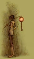 Rule 34 | 1girl, anklet, bamboo, bamboo forest, barefoot, bracelet, capri pants, chinese clothes, chinese lantern, closed eyes, clothes, forest, gradient background, hair bun, jewelry, lantern, len-yan, magdalena pagowska, nature, original, pants, paper lantern, single hair bun, solo, stick