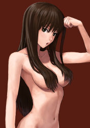 Rule 34 | 1girl, atam, bad id, bad pixiv id, black eyes, breasts, brown hair, censored, convenient censoring, flexing, hair censor, hair over breasts, head tilt, large breasts, long hair, navel, nude, original, red background, simple background, solo
