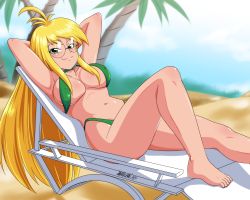 Rule 34 | 1girl, absurdres, agatha heterodyne, ahoge, alternate costume, arms up, artist name, bare legs, barefoot, beach, beach chair, bikini, blonde hair, blush, breasts, chair, cleavage, closed mouth, commission, covered erect nipples, danmakuman, dated, girl genius, green bikini, green eyes, halterneck, halterneck, highres, long hair, looking at viewer, lounge chair, lying, navel, on back, phil foglio, round eyewear, smile, solo, studio foglio, swimsuit, very long hair